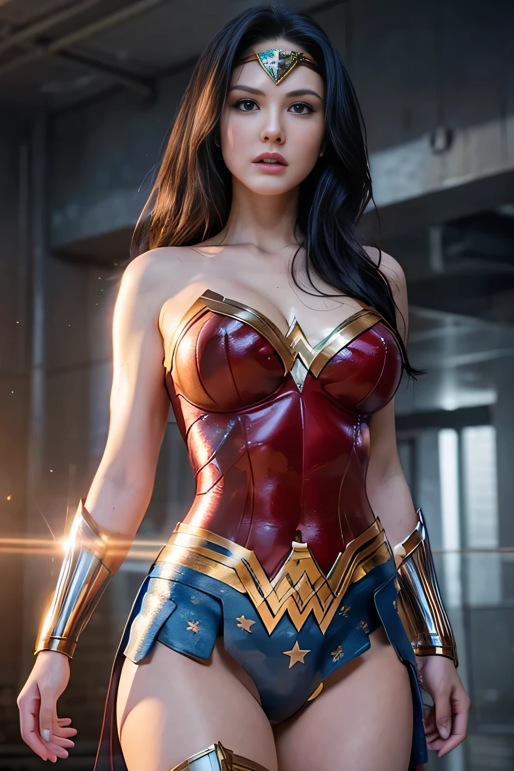 (best quality,ultra-detailed,realistic:1.37), digital illustration, (sexy woman wearing a wonderwoman costume), detailed eyes and face, beautiful detailed lips, sexy body, big breasts,long eyelashes, big breasts:1.5, Close-up photo, Sexy woman wearing a wonderwoman costume, long hair, ((Take a photo from below the thigh)),vibrant colors, dramatic lighting, comic book style, Sexy woman wearing a wonderwoman costume, position:standing, seductive pose, skyscraper background, view dark sky, tall buildings