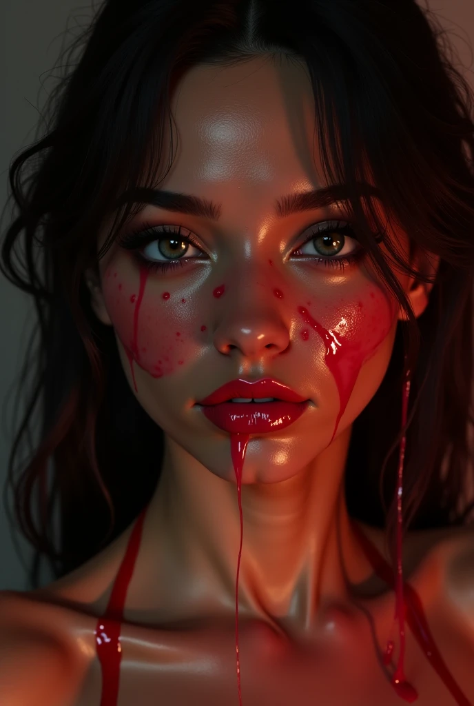 The image is a digital illustration of a woman with red lips and red splattered background.