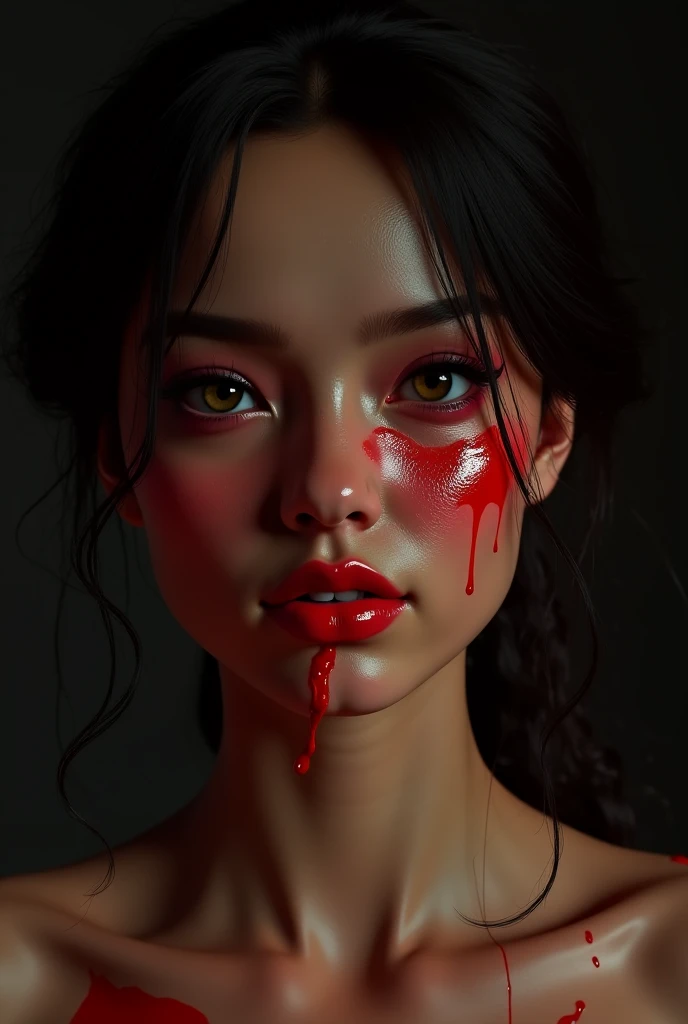 The image is a digital illustration of a woman with red lips and red splattered background.