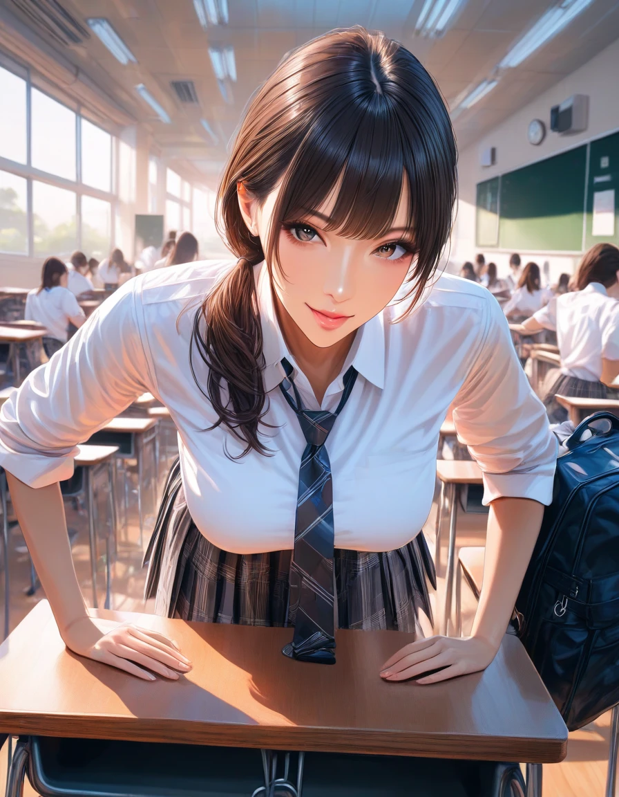 Hyper realistic super detailed sexy woman, NSFW, Very detailed, expressions faciales sexy, seductive facial expressions, [:(Face detail: 1.4): 0.4], 16K resolution, 4k resolution, dinamic lighting, High definition resolution, (sexy), (hyper realistic: 1.4), (back light: 1.2), (daylight: 1),(contrasting background: 1.5), (Anatomy of the hyperrealistic arm), (Hyperrealistic anatomy of the legs), (peau propre), (lighting cinematic: 1.7), (intime), (Technologie NVIDIA RTX Ray Tracing), (Anatomy of the hyperrealistic arm: 2), (Ventre plat parfait), (image couleur),Create a masterpiece in 4K resolution, ultra-realistic, and extremely detailed, featuring a determined student in a classroom. The student is the central character in the artwork, exuding an air of learning, concentration, and determination.

The student is dressed appropriately for school, wearing a school uniform or casual attire, depending on the context. Their hair is neatly styled, and they are surrounded by school supplies such as books, notebooks, and a laptop.

The environment is a typical classroom, with desks, chalkboards or whiteboards, and educational posters. Light streams in through the windows, creating a studious and warm atmosphere.

The student is engaged in their work, whether it's taking notes, reading a textbook, or asking a question to their teacher. Their expression is serious and focused, showing their desire to learn and succeed. Cleavage, Big breasts