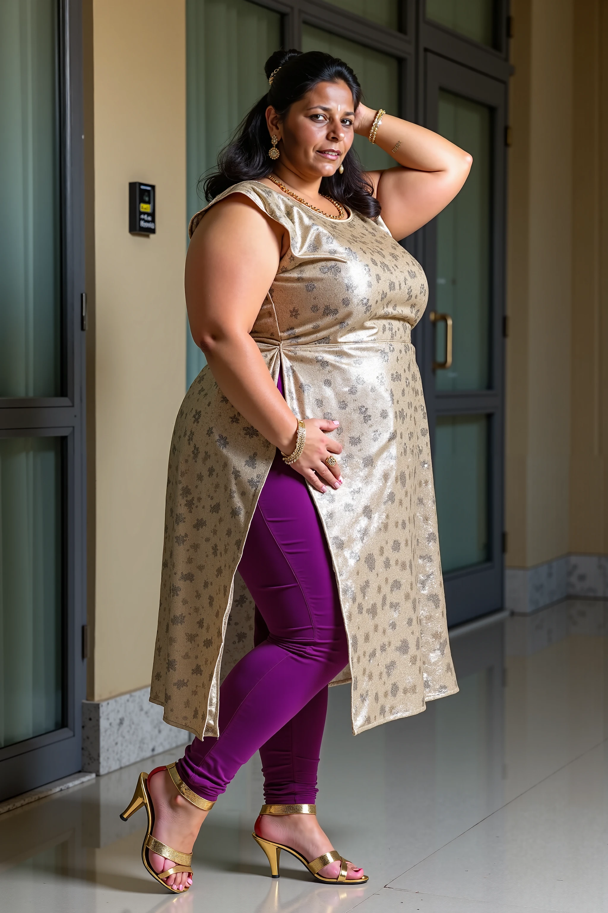 Day scene, A radiant, full-figured South Indian 3 aunty a light purple colour chiffon fully transparent kurta, bra visible through kurta, ,standing, in a office captured in a full-body image with vibrant hues and meticulous details. Full body image