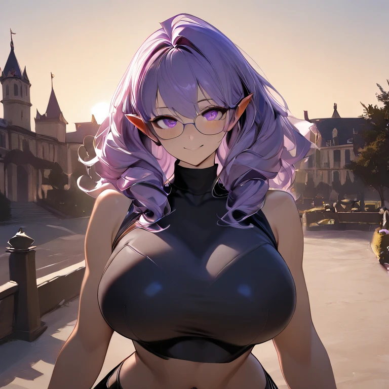 1girl, solo, GOLD devil horns, wearing glasses , best quality, 4k, cute heart shaped face, plump lips, bimbo, sagging , lace top, cleavage, elf ears, v neck, pleated skirt, light purple hair, white streaks in hair , long wavy hair, glossy lips, outdoors, sitting, bench, mansion background, cleavage, midriff, thick thighs, light smile, anime, plump ass , huge ass , detailed face and eyes
