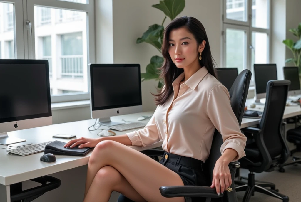 (((a))), ((whole body of woman in a LUXURY blouse)), ((legs crossed on ...