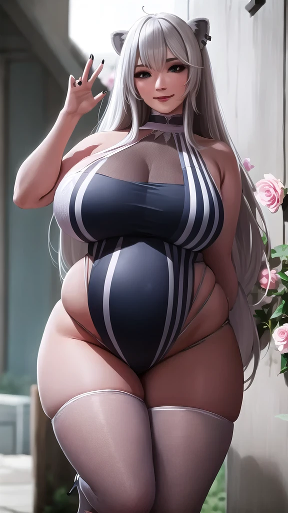 (masterpiece), (ultra high resolution), (extremely intricate), (exquisitely detailed), 1girl, (beautiful gorgeous arabic woman), (F1.4, 1/800s, ISO 100, photorealistic), looking_at_breasts and from above, Evil queen, homewrecker, white hair, crossed_legs, huge breasts, laugh512, pink eyeshadow makeup, pink lips, white wedding dress, thigh high stockings,(aroused_face:1.4), plump, fat, massive belly