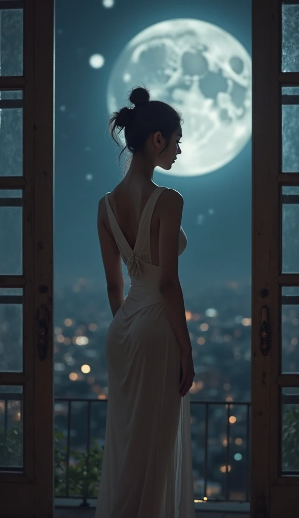 Inside the room,window, cloud, night, full moon、woman、Back view