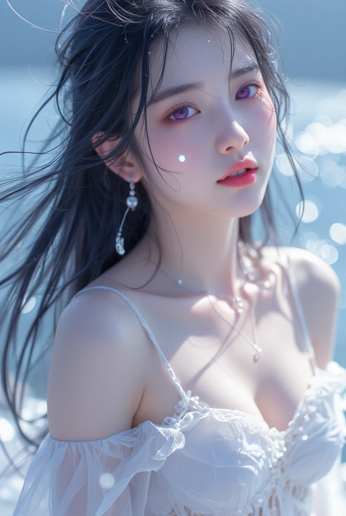 Best Quality, Masterpiece, Ultra High Resolution, (Realism: 1.4), Original Photo, Cold Light, Water Under a Woman in White Dress, Full Body Photo, Wallpaper Anime Blue Water, Gouviz Style Artwork, Close-up Fantasy with Water Magic, By Yang J, Guvitz, Beautiful Artwork Illustration, Water Nymph, Beautiful Digital Artwork, Beautiful Digital Illustration, Li Song, Beautiful Anime Portrait, Art Style in Bovoort