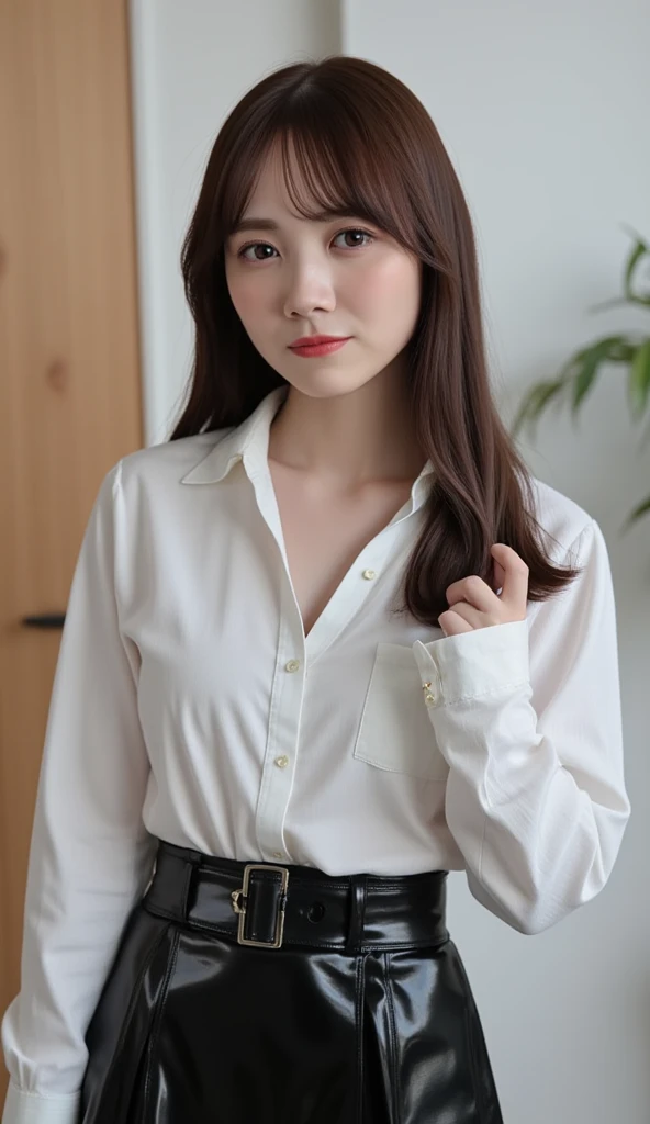 nsfw, high quality, RAW format photo, realistic face, extremely beautiful Korean girl, shoulder length hair, reddish brown hair, office background, solid black short skirt, white long-sleeved shirt, very detailed face, realistic, well-proportioned body, medium breasts, big round butt