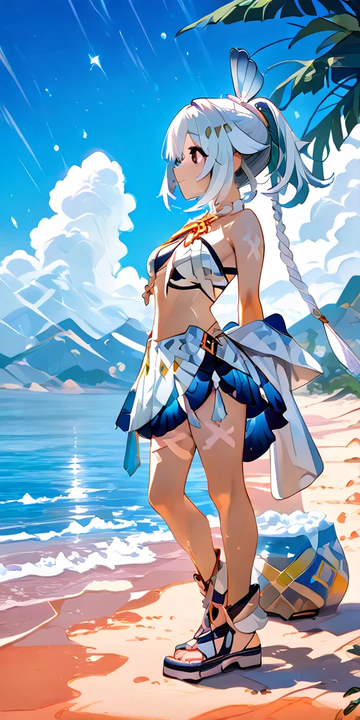 vulgar,((Kamisato Ayaka in Genshin Impact)),solo, ((semi long beautiful silver blue hair,beautiful blue eyes)),
low angle,from below, ((masterpiece, highest resolution,best quality)), (illustration),(white beautiful elegant one piece swimsuit),(walking around the beach),gleaming skin,wet,
innocent smile, white over-kneehighs,Lace chalker, wristband, fingerless gloves, over-kneehighs,
Lace chalker, diamond necklace,wristband, fingerless gloves, earrings, windy,cinematic lighting and pause, beach, sand, blue sky, waves, coconut tree,fish,boat,sea gull,