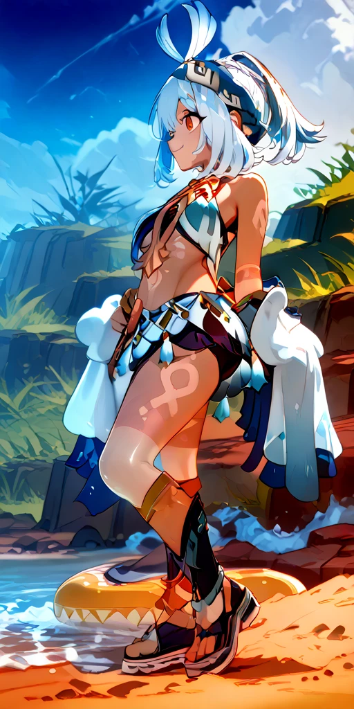 ventiarc, hair flower, crop top, bridal gauntlets, hooded capelet, white shorts, single thighhigh, midriff, naked, tight clothing, see through, beautiful tits, 1 girl, solo, sweat, cameltoe,
