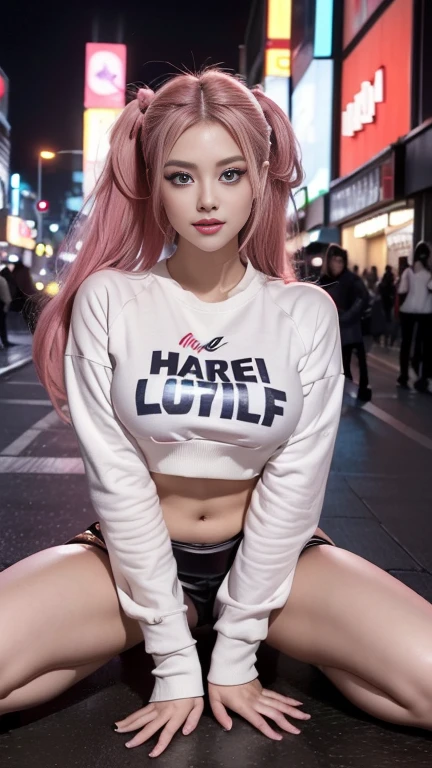 1girl, white skin, korean, young, pink wavy hair, eyes with heterochromia, thick eyebrows, freckles on skin, head tilted, smiling, hand on hip, hoody, gym shorts with slits, wide thighs, wide thigh gap, one thigh raised, legs apart, high detail, 8k, super detail, highres, best quality, high quality, high details, textured skin, masterpiece