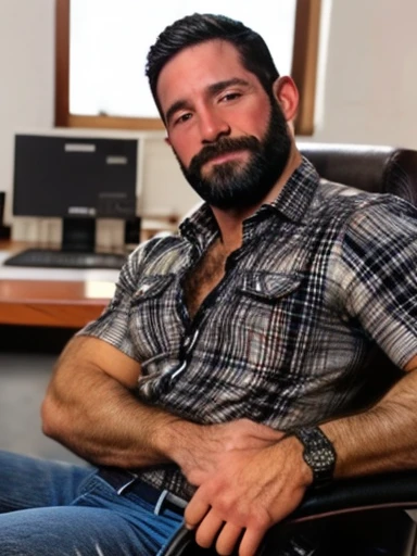 hair, portrait of a ruggedly handsome paladin, muscular, half body, masculine, mature, Retrato de un joven, Muscular very handsome and attractive spanis men, A 40 years old male, Retrato de un joven, Muscular, real, office outfit, sit in a chair, plaid shirt