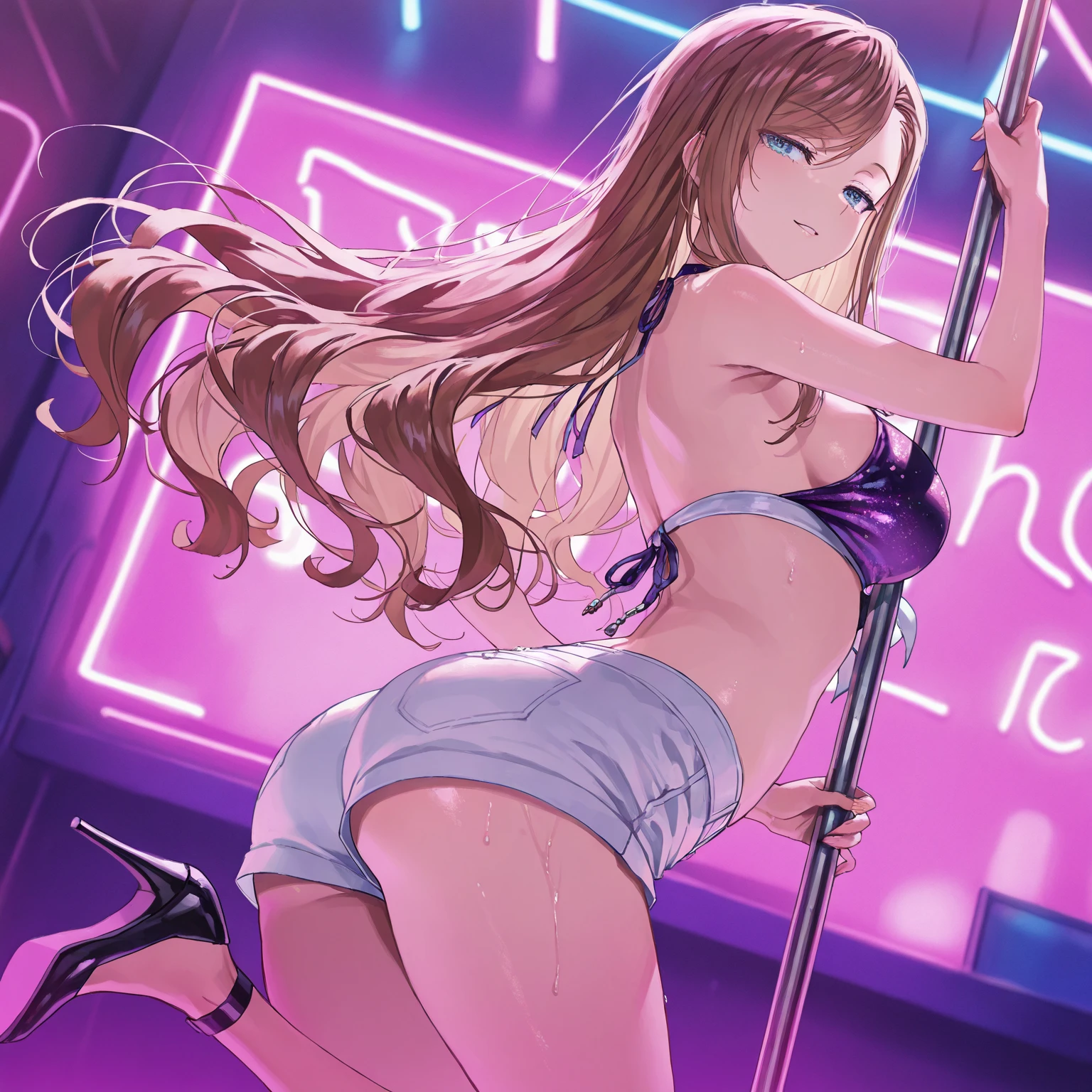 anime girl, in a naked pole dance, spreading her legs and putting her fingers in her vagina