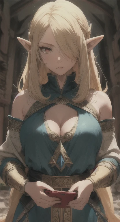 A woman with long hair and a sword on the street, elf girl, 2. 5D CGI anime fantasy artwork, female anime character, elf queen, elf portrait, from arknights, hot topics on artstation pixiv, charming elf princess knight, portrait of Elf Queen, detailed digital anime art, guweiz on pixiv artstation, low-cut top, plump breasts, 8K high quality, long red earrings with sapphires, beautiful eyes and pupils, long eyelashes