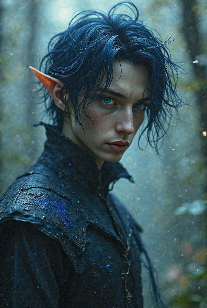 handsome nude teenage male savage elf, short hair with undercut, dark fantasy forest