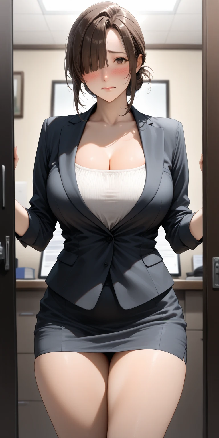 (highres, high quality:1.3), intricate details, cinematic lighting, sharp focus, depth of field,
KuroseKatsuko, 1girl, solo, full body, complate body mature female, looking at viewer, standing, white background, siple background,
serious, embarrassed, blush, holding book, open mouth,
[brown|black] hair, short hair, blunt bang, hair bun, ribbon, makeup, lipstick, eyelashes, brown eyes, detailed eyes, glasses, perfect face, cute nose, beautiful face, perfect face, illuminated face, thick lips, blushes, symmetrical face, beautiful detailed face, human ears, seductive, pleasure expression, orgasm expression,
suit, jacket, skirt, black pantyhose, tight clothes,
huge breasts, curvy, thighs, wide hips, large hips, thick thights, huge thights, hourglass figure, big breasts, huge breasts, large breasts, big butt, huge butt, very slim stomach, thin belly,