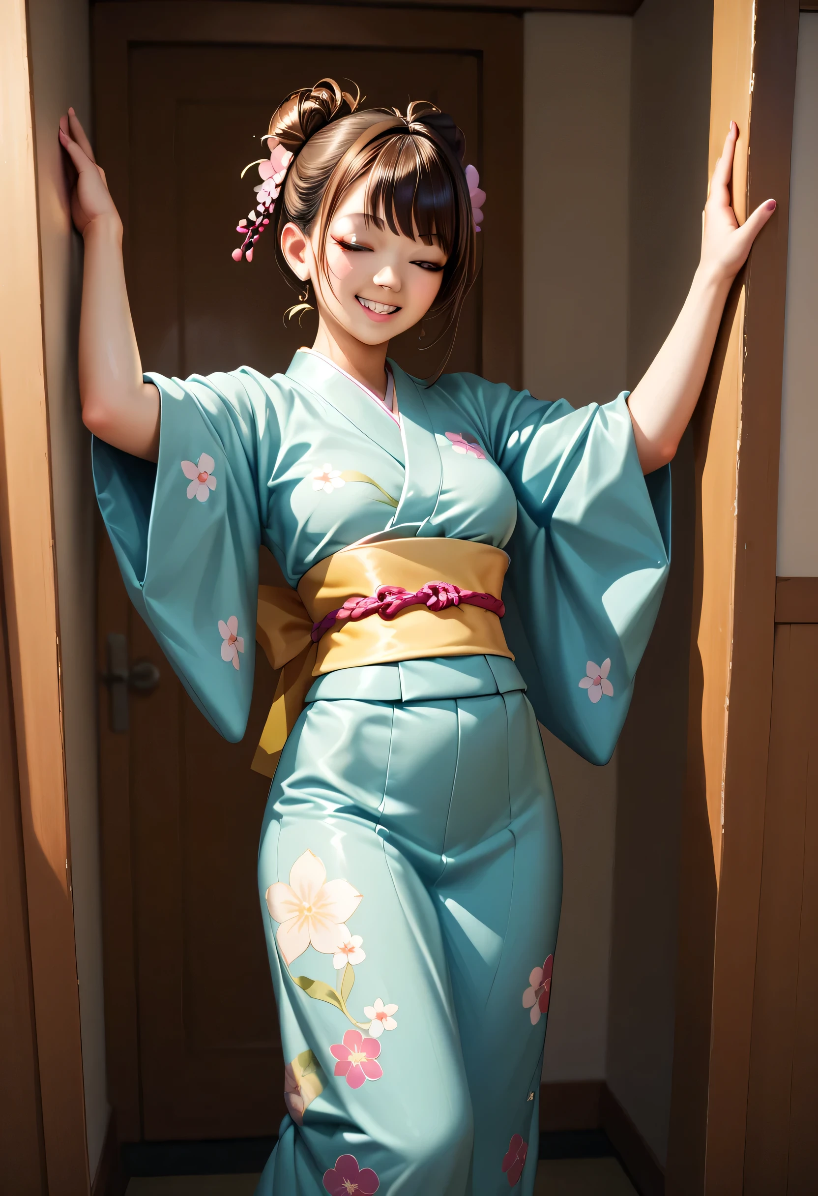 A photo-realistic shoot from a frontal camera angle about a young woman in a traditional japanese outfit with a floral pattern, standing in a doorway with her arms outstretched. the image also shows a woman in the middle of the frame, who appears to be a young asian woman with long brown hair tied in a high bun and bangs, wearing a light green kimono with a yellow sash around her waist. she is facing the viewer and looking directly at them with a smile on her face. her eyes are closed and her mouth is slightly open, showing her teeth. the background of the image is a wall with a decorative golden frame and a painting on it.