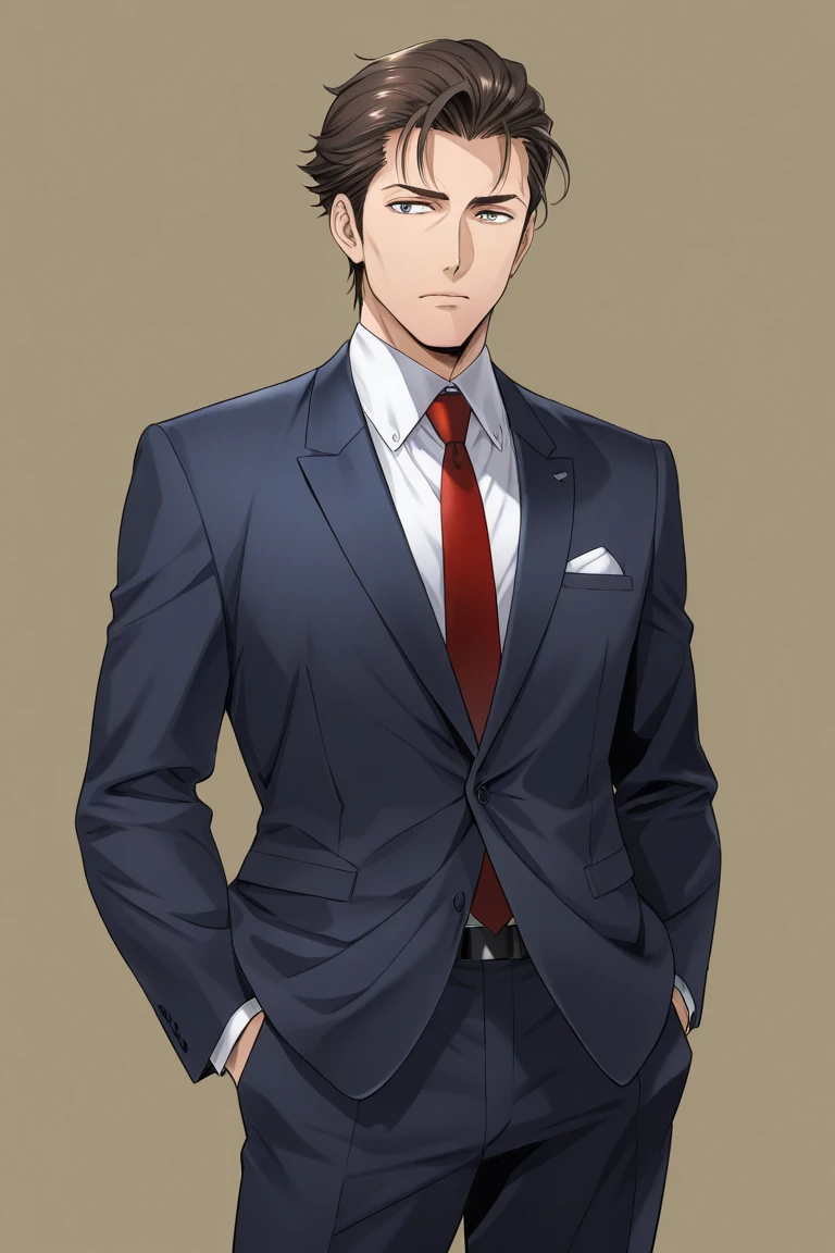 score_9, score_8_up, score_7_up, score_6_up, source_anime\(GREAT PRETENDER razbliuto\), perfect anatomy, perfect proportions, best quality, masterpiece, high_resolution, high quality, aesthetic, absurdres, (male focus), solo male, Jay Chiang, black hair, short hair, dark brown eyes, thick eyebrows, sideburns, facial hair, goatee, silver frame glasses, 3-piece suit, red collared shirt, grey necktie, black vest, black jacket, black pants, mature, masculine, manly, handsome, charming, alluring, look at viewer, sitting, upper body, dutch angle, cowboy shot, hotel room, indoor<lora:EMS-422149-EMS:0.800000>