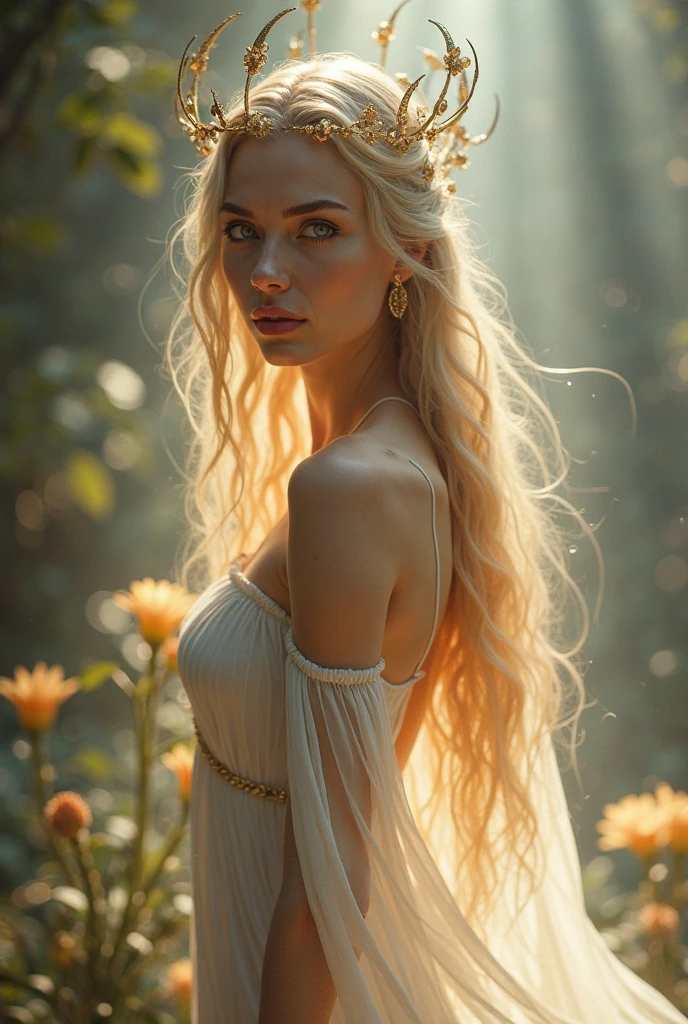 A beautiful blonde woman wearing a snake crown Beautiful fertility goddess In the background is a forest and lake with sunlight streaming in. Crystal skin Dressed like Aphrodite Smiling with closed eyes