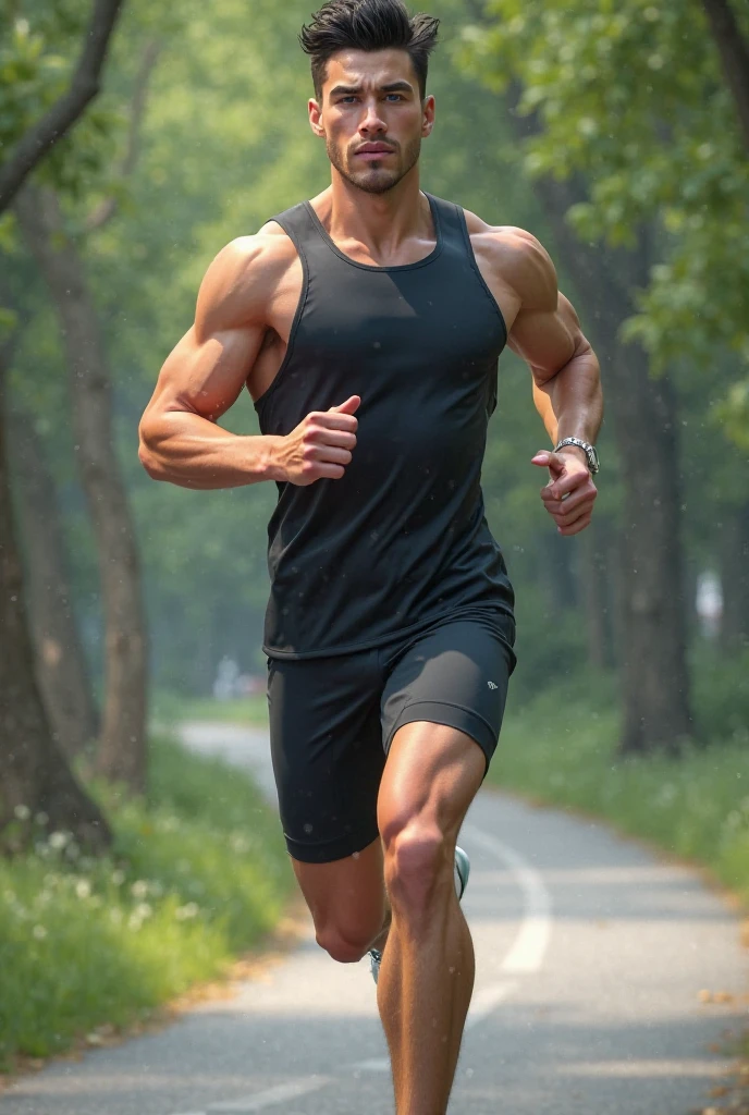 photorealistic, best quality, masterpiece, extremely detailed, sexy, homoerotic, extremely handsome, youthful, 25 year old muscular taiwanese man, ((muscular bodybuilder)), ((massive thighs)), tight booty shorts, big bubble butt, very sweaty, looking back at camera, big smile, happy, running at park, side view, extremely romantic atmosphere, perfect face, perfect fingers, perfect hands, perfection
