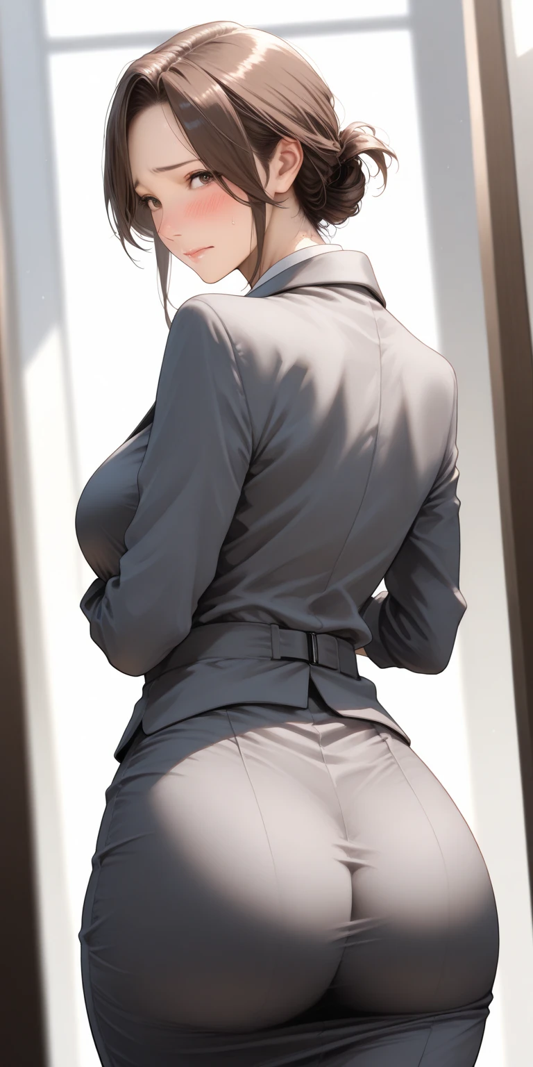 (best quality:1.5, highres, UHD, 4K, detailed lighting, shaders), white haired, gradient hair, large breasts, suit, gray shirt, social shirt, short skirt, mature woman , (pov), white background, colorful eyeshadow, dramatic lighting, sparkling eyes, sensual expression, golden earrings, flowing hair, delicate facial features, dark skin, high cheekbones, raining, urban setting, white background, dont look for the camera, lean forward, view from behind, wet  by the rain.