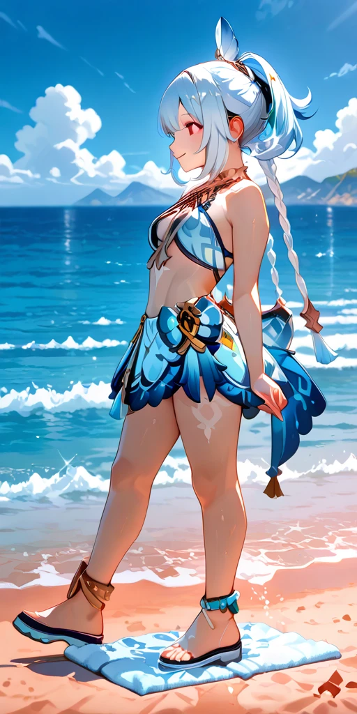 Ganyu, Genshin Impact, Praia, Bikini branco, obra prima, hd, melhor qualidade, boa anatomia,  pernas cruzadas