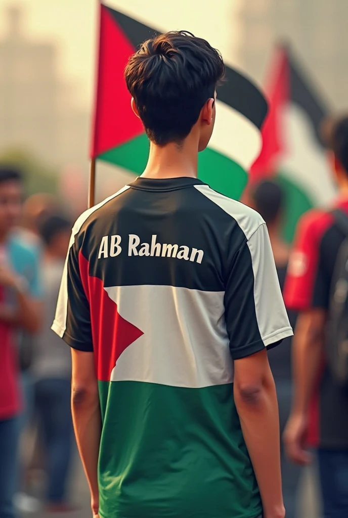 Happy Independence Day 14 August 2024 is written on big flag of Pakistan and a 25-year-old boy is standing in front of him wearing Army T-shirt, with name "RAHIM" written on t shirt, and holding the Pakistani flag in his hand, 3D art painting realistic high quality photo