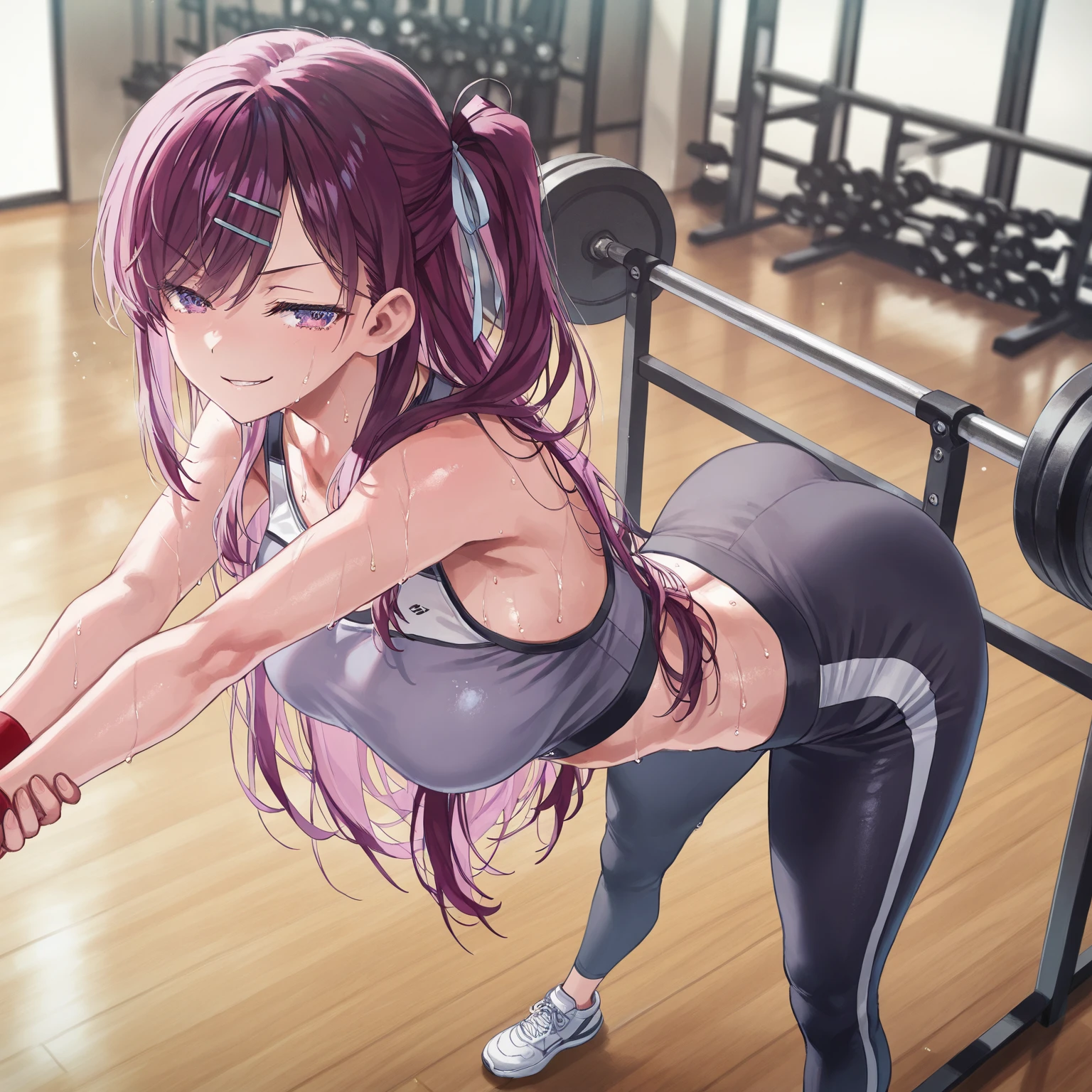 Innai Kansen - Iimura Manami Innai Kansen - Iimura Manami, masterpiece, best quality, a beautiful sexy woman in sports outfit posing on an exercise machine at the fitness gym, 1girl, 独奏, sports bra, breasts, navel, short shorts, midriff, wrist bands, socks, cleavage, sneakers, smile, looking at viewer, 