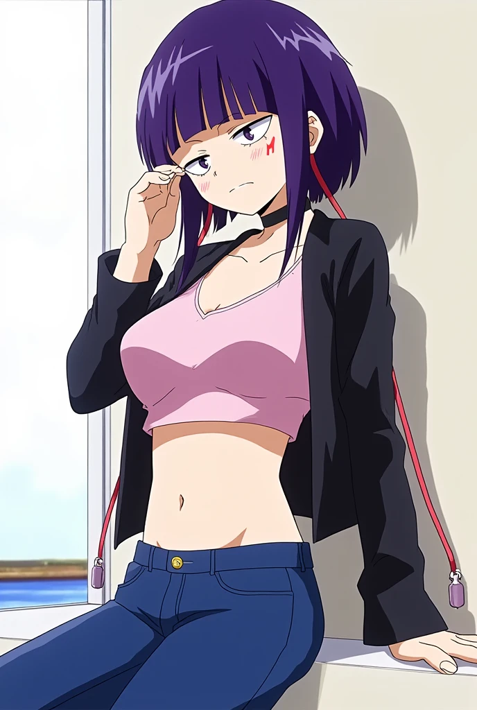kamiya of shikimori-san is not just cute, crop hoodie, belly, stomach, navel, perfect face, (ultra high quality), detailed, 8k, masterpiece, looking viewers, small breast, purple eyes, 1 girl, sharp eyes, pride smile, hands in pocket, mini skirt, squatting pose, converse shoes, background graffiti wall, navel piercing, cross piercing in wears
