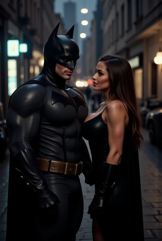 Damon Salvatore, a hot muscular gothic guy in a Batman suit without the mask, sits on his Batman bike, the rain pouring down around him with Jessi, the red-haired Catwoman stands behind him, her hands tracing the contours of his shoulders. She leans in close, her breath warm against his neck. Damon turns his head slightly, his lips just inches from her ear. "Ready for a wild ride?" he asks, his voice a low growl. Jessi smiles, her eyes gleaming. "Always," she replies, climbing onto the bike behind him. The rain intensifies as they speed off into the night.