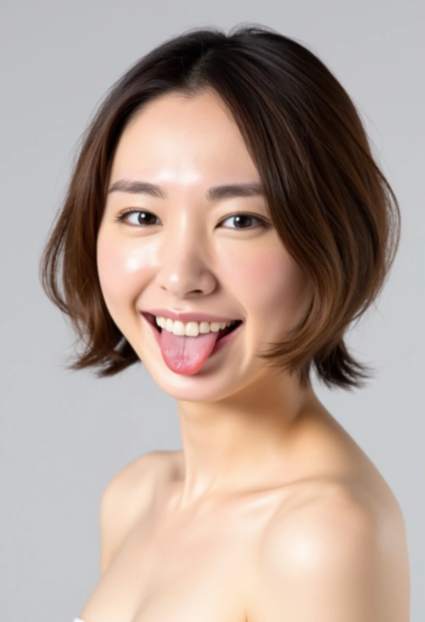 ((highest quality, 8k, masterpiece: 1.3)), 1 female, Japanese Mature,Sensual beauty: 1.3, (Hair style Brown hair Pixie wave, big: 1.2), Nightwear: 1.1, Super slender face, Delicate eyes, double eyelid, (((Open your mouth,Sticking out a long tongue,)))Mole,Home,Plump body,very thick legs,Shot from directly above,He is fooling around with his mouth wide open and his tongue sticking out...,