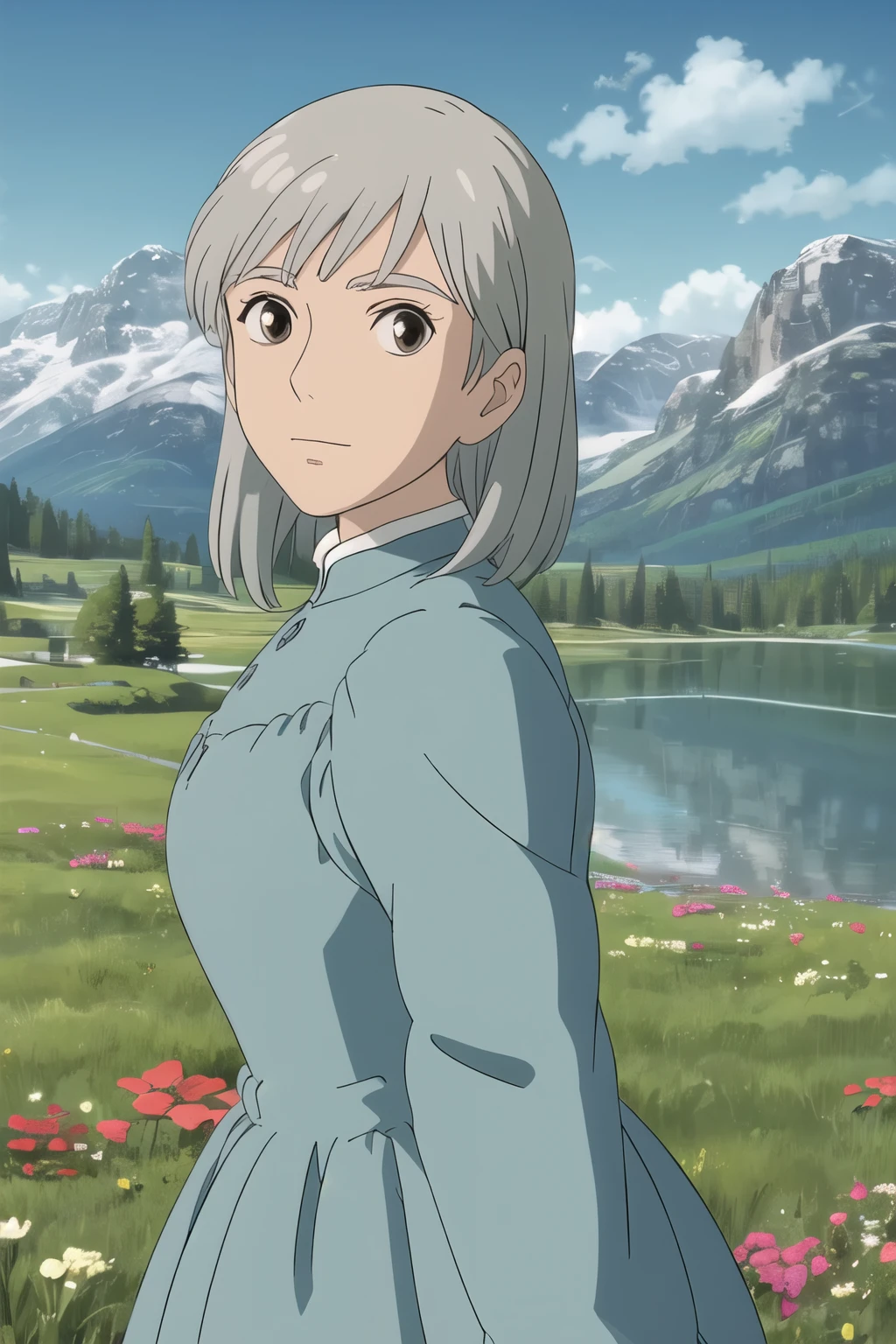upper body dress, (best quality), (masterpiece), (Alone ), a chic, gray hair, brown eyes, medium length hair, blue dress background, grass, flores, lake, trees, mountains, sunny, looking at the viewer