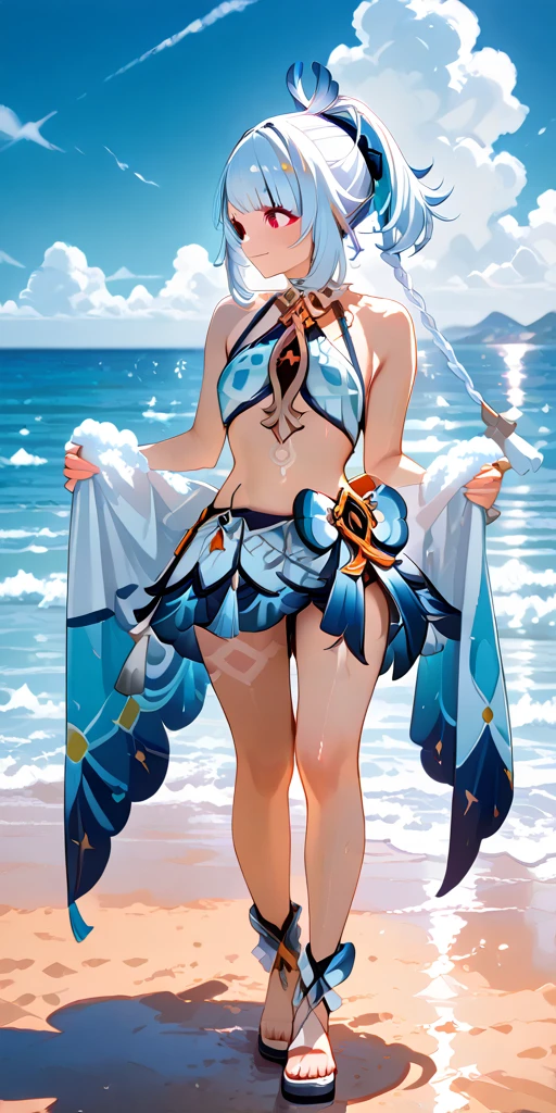 ((masterpiece, best quality)), Epic battlefield atmosphere,Delicate face,goddess,Wheat skin,seaside,Beach,whole body,Standing picture,glowing eyes,Large Breasts,Perfect body proportions,Pure white background,firefly,Transparent sex bikini