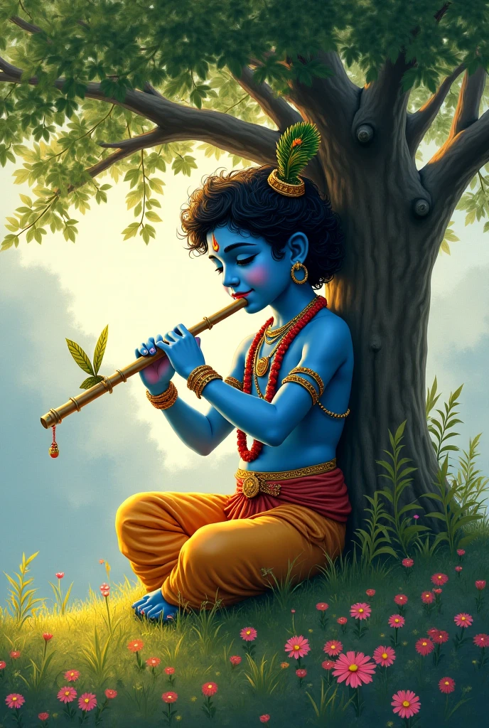 (photo cute
krishna sit on the tree and river
