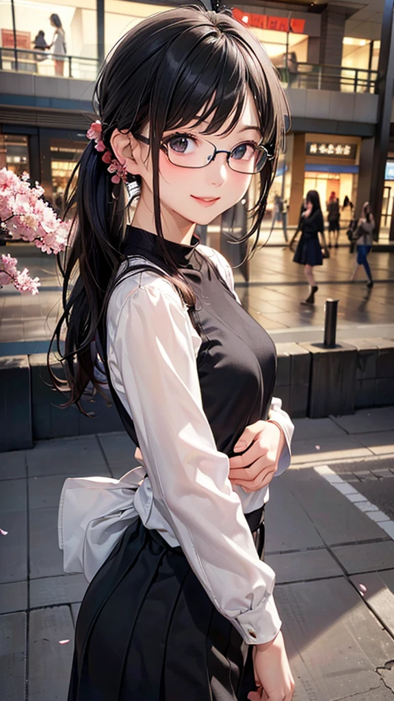 masterpiece、top-quality、perfect anatomia、nice hand:1.2)、1girl in、独奏、Beautiful girl walking at night、long black hair、neons、Standing split、Standing on one leg、Raising legs、Wearing black stockings、Stockings、Black tights、suits、The chest is open、a miniskirt、Wear black high heels、Wearing light-rimmed glasses、Wearing a red tie, Perfectly shaped large breasts、Rabbit ears on the head、Crisp face、Officelady、25-years old、girl with,Perfect promotion、Balance between face and body、Height 168cm、There is one rabbit on the ground、slender long legs、Bag slung over his shoulder