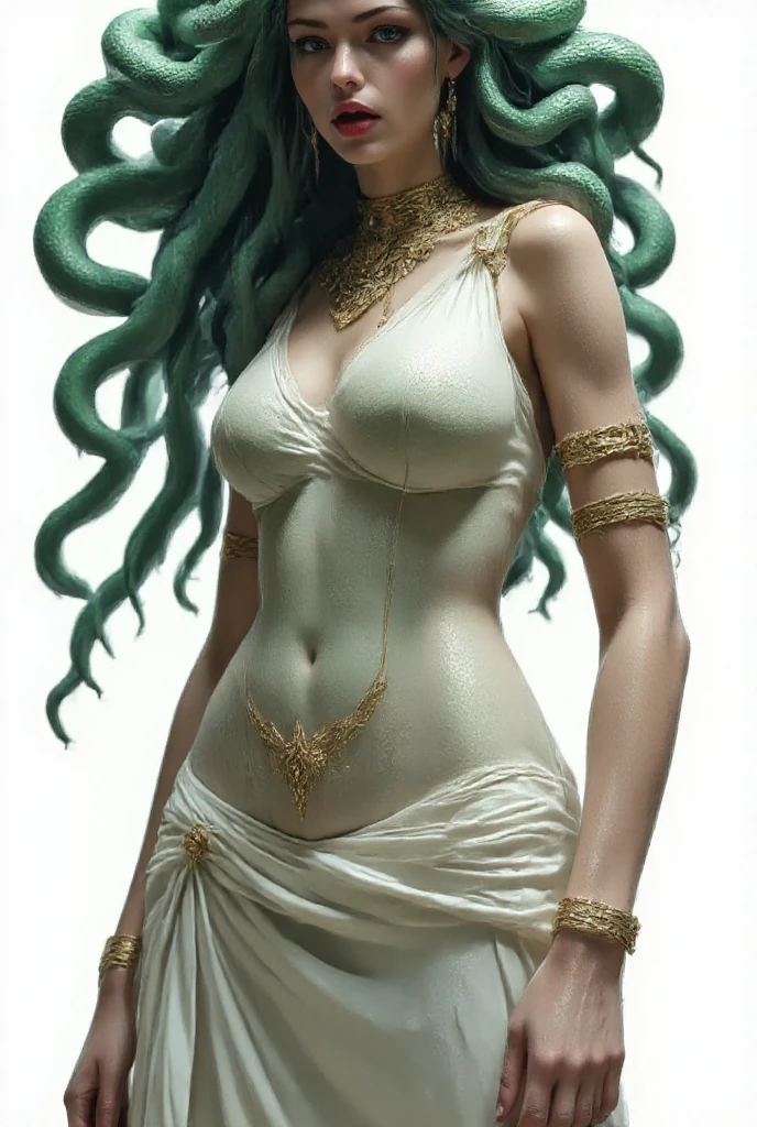 Portrait of Medusa the Gorgon, Masterpiece, 24K resolution, Fitness body shape, venomous green snakes replacing hair, intricately detailed, studded bracelets, ancient Greek clothes, full body pose, perfectly composed, beautiful temple scene backdrop, photorealistic concept art, insanely detailed octane render, trending on ArtStation, 8K artistic photography, soft natural volumetric lighting, cinematic perfect light, chiaroscuro shading, masterpiece quality.

Medusa, the mythical Gorgon, comes alive in this stunning portrait, her body sculpted to perfection with a fitness form. Her hair, replaced by writhing,
