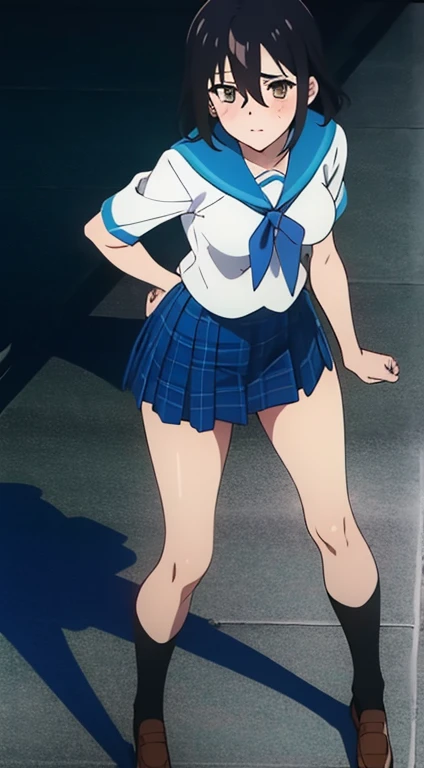 masterpiece, best quality, highres, 1girl, solo, superhero, leotard, blue and white leotard, bare legs, brown hair, short hair, brown eyes, hairband, medium hair, ribbon, boots, matching boots, blue boots, medium breasts, cowboy shot, standing, smile, sky backdrop, haruhi suzumiya, kyoani haruhi style, sleeveless, flying, flying pose. looking at viewer,