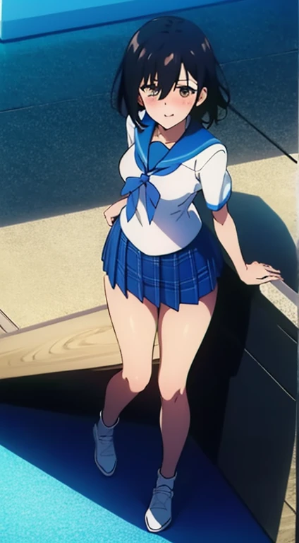 masterpiece, high definition, best quality, rendered art, well formed hands, fingers and body, 1 woman, solo, sailor Mercury , adult, grown up, large and round breasted, cleavage, full body, , sexy sailor senshi uniform, short blue skirt, red boots, gorgeous hips, legs and thighs,white elbow gloves, sailor collar, tiara, earrings,  lifted skirtdoing exercise, warming up, working out, sexy and captivating training, smiling joyfully and happily , looking at the viewer, , sweating , bouncing breasts, bikini thong,  training montage session, beach environment                       