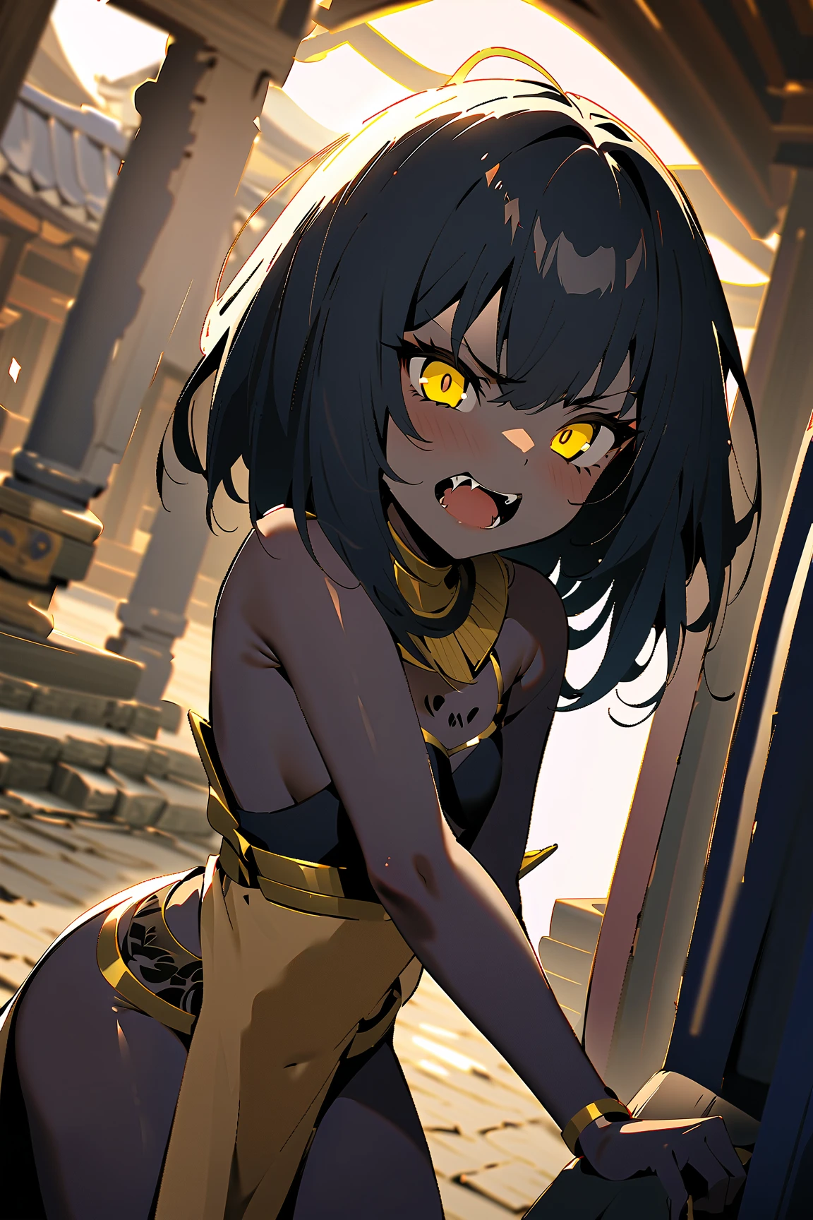 Masterpiece, Best Quality, ultra detailed, illustration, showy, flat color, depth of field, 1 girl, Nidalee \(League of Legends\), black fur, green eyes, (Dark skin:1.2), (hair ornament), cheered up, (close up), detailed skin texture, beautiful detailed face, (Egyptian,  medium hair, bob cut, ruff, bracelet, tiara, blunt bangs, air, ), at desert, seductive smile, clavicle, (huge breasts, torpedo tits), naked, showing everything 