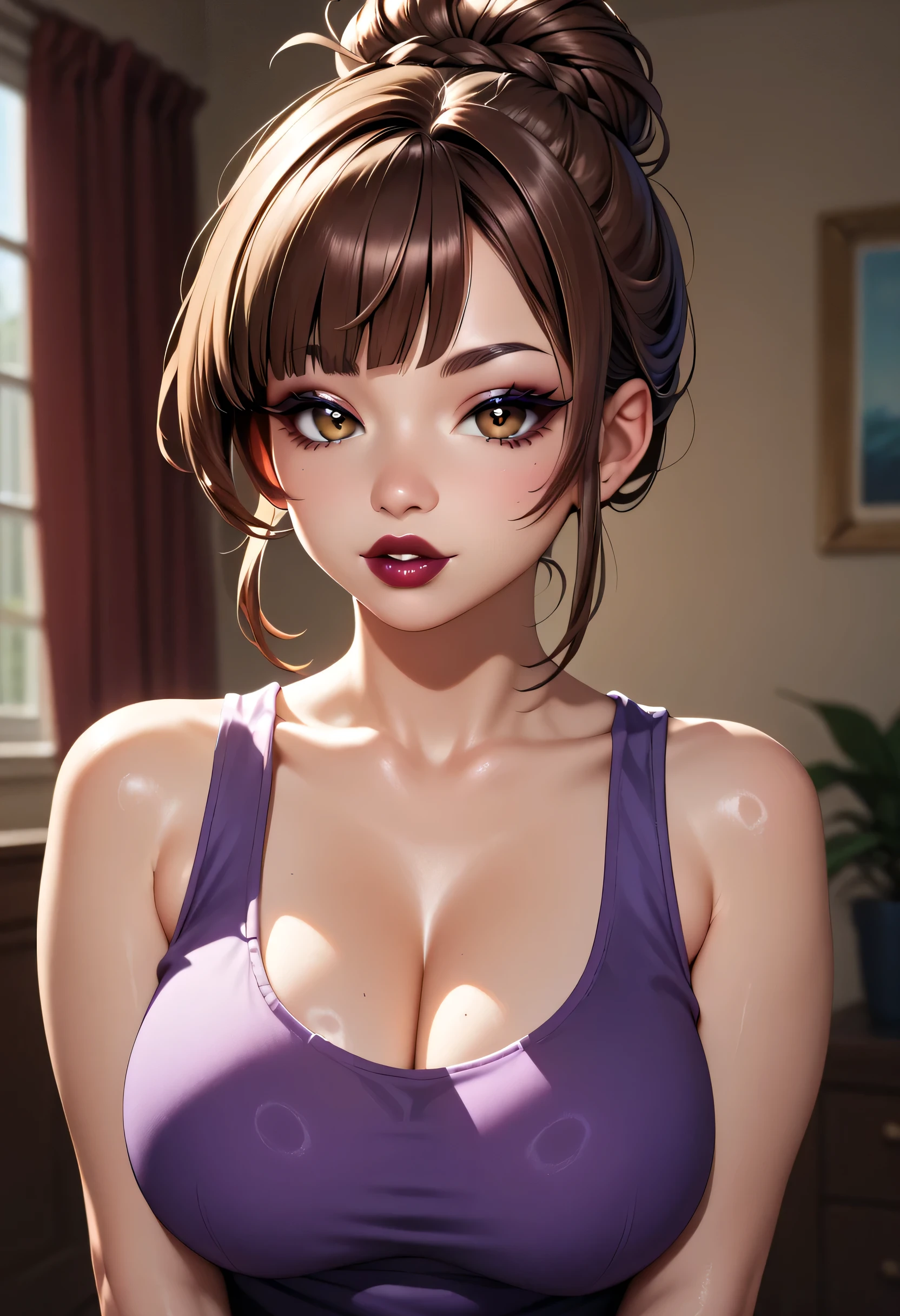 woman, (perfect face), detailed pupils, (long brown hair tied in a high bun and bangs), black thin eyebrows, brown eyes, purple eyeshadows, black eyeliners, nose, dark red lips, thick lips, parted lips, tank top, purple tank top, large breasts, ((room living))