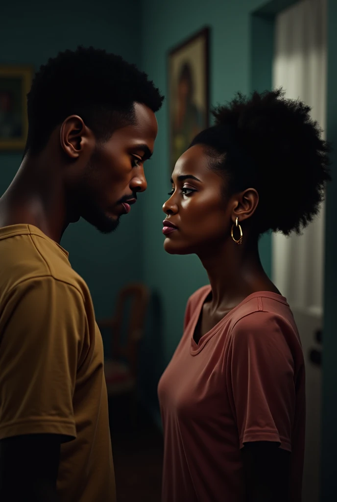 A handsome black American with curlyshort hairtouching on his head looking stressed out but a beautiful black American maid with curly hair comforting him beside him on the other side thereisawomanlookingthem with jealous