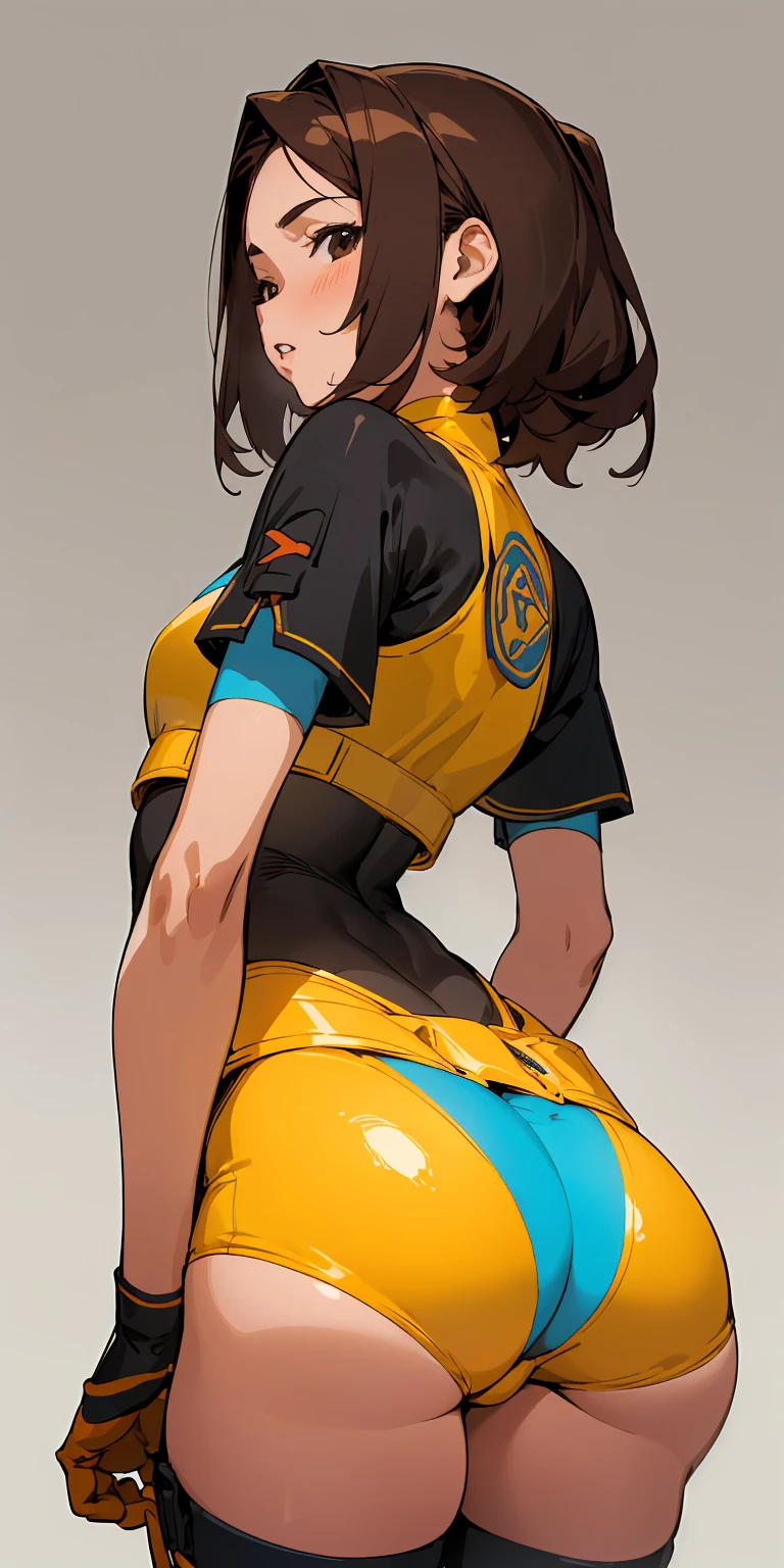 (masterpiece、best quality、Highest resolution、Clear_image、detailed details): (full body picture、 girl、Japanese face、small face、thin、Navy blue super short bob、blue eyes、Blue and Black Shiny Aviator Suit、Armor that protects the chest、tight clothes、Clothes that cover the whole body、leggings、Very delicate and beautiful、hide thighs、hide your ass、Cute type、gentle smile、soft expression、earphone、knee high boots、Gloves come to elbow length、Shooting at eye level、face directly、woman on spaceship), (((camel toe))), ((Plain white tights))