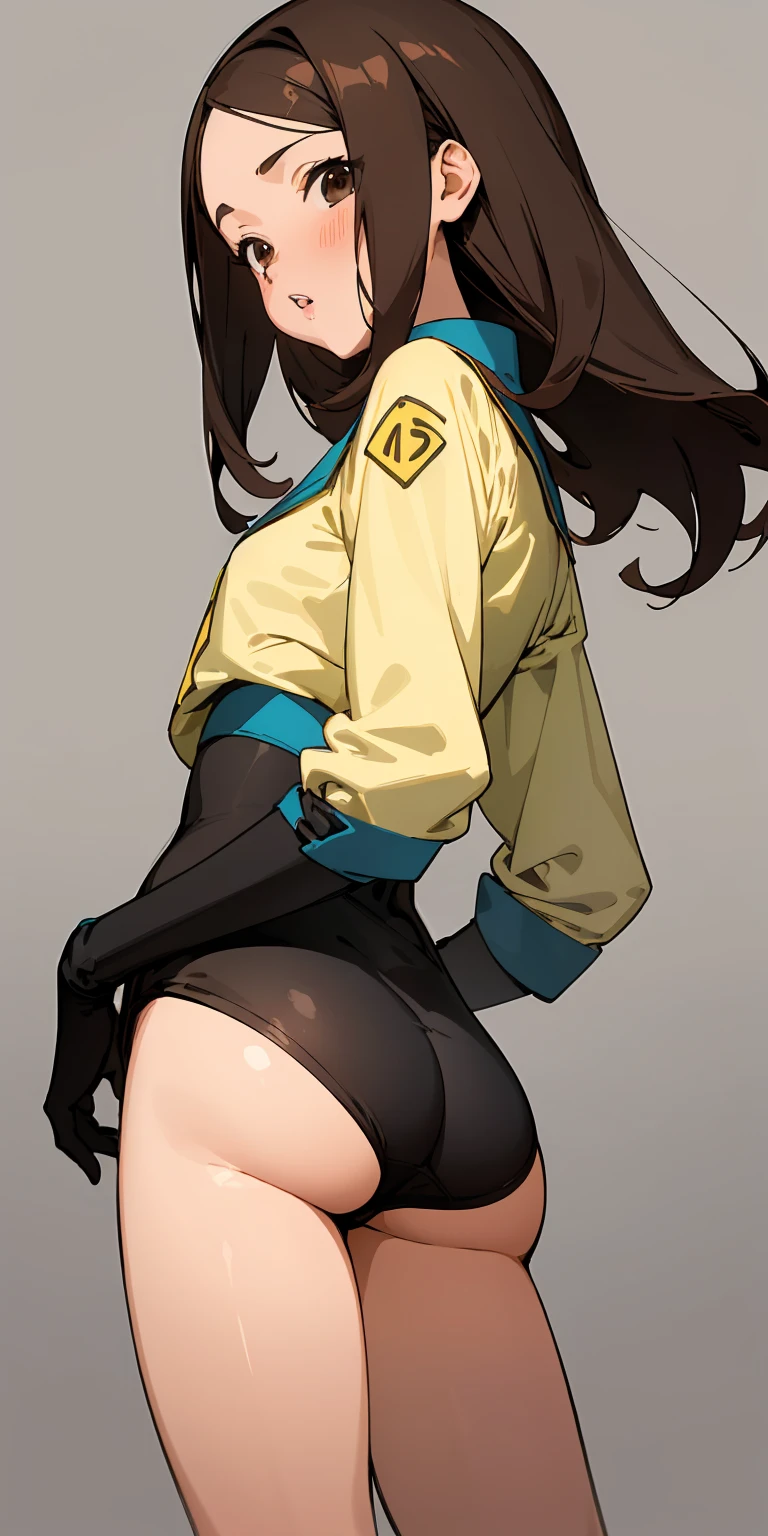 Wide angle shot, rear view, beautiful female fighter, wearing large glasses, black undercut hair, wearing large iron gloves, black and yellow Turtleneck outfit