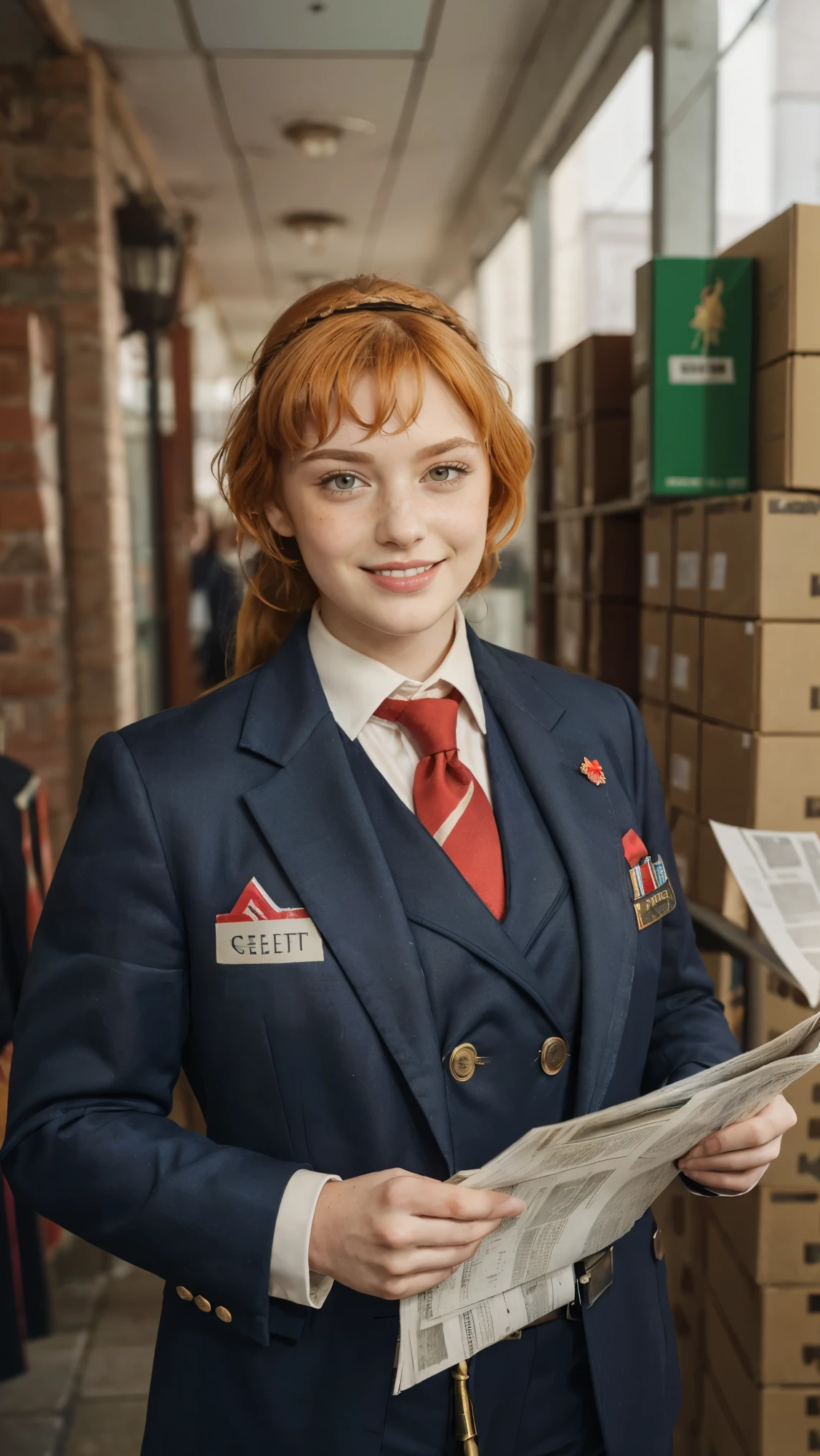 (masterpiece), best quality, expressive eyes, perfect face, ponytail, headbands, Ishmael limbus, redhead, celt, ginger hair, talking, limbus uniform suit work, perfect , (((salesmen limbus))), (((holding a sales paper))), tall woman with chubby physique and long, irish woman, smiles, freckled face, freckles skin