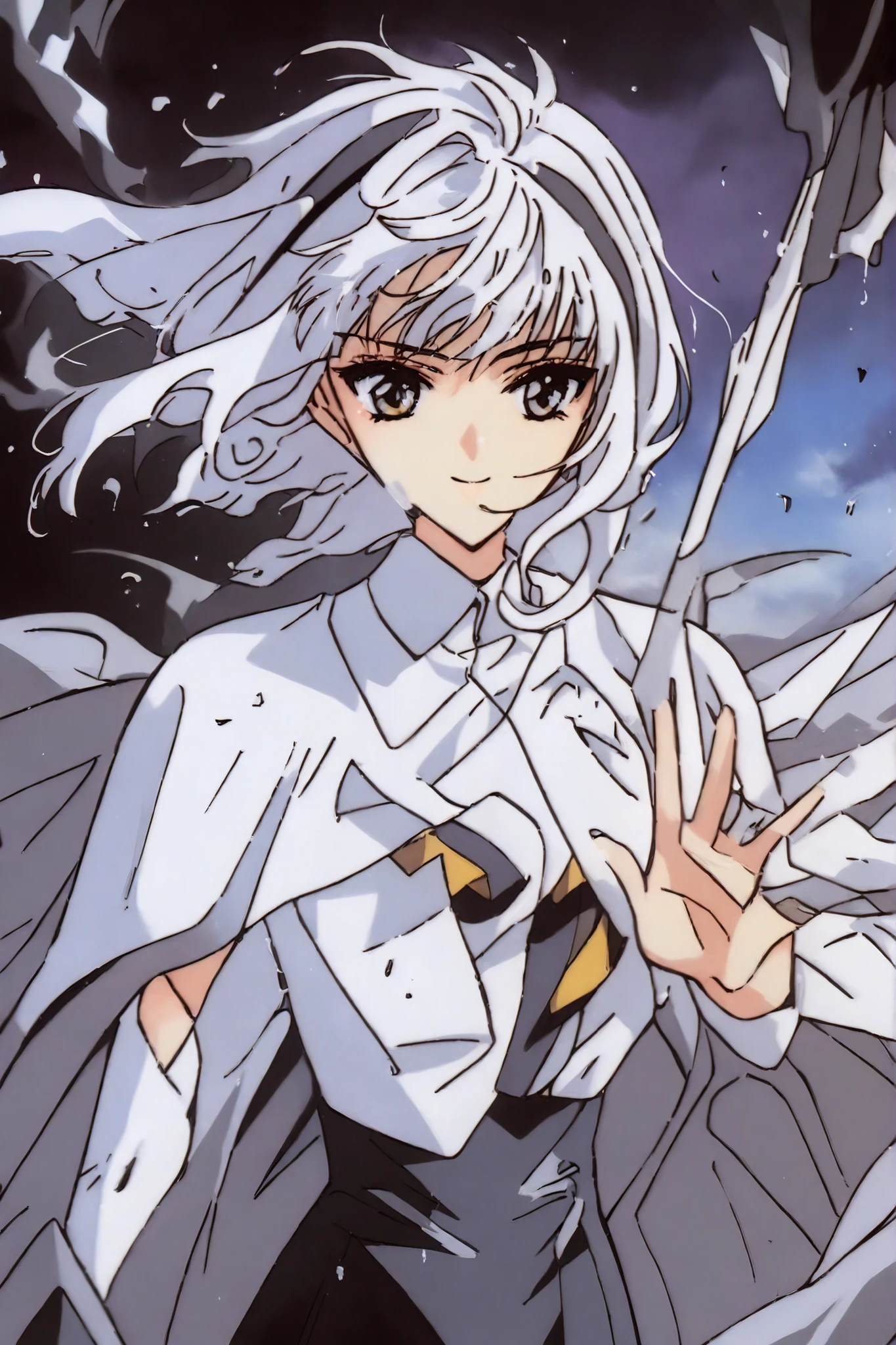 masterpiece, Best Quality, Japanese manga line art, After heavy rain,smile녀,1 person,Facing a black and white comic ,Facing a black and white comic 연출,Cut cartoon,1 cut ,smile,Her costume is everyday wear,wind