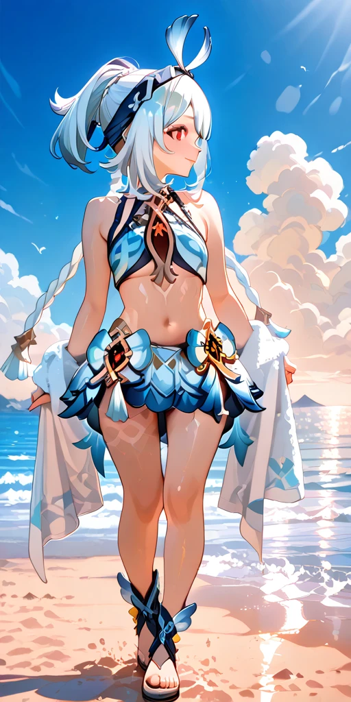 Highest quality:1.1)、(masterpiece:1.2)、(solo)、Close-up、Watching the viewer、Ocean、summer、Swimwear,Flowing sweat,Silver Hair,Umbilical cord,Girl,whole body,,Toned legs,,blue sky,Japanese style