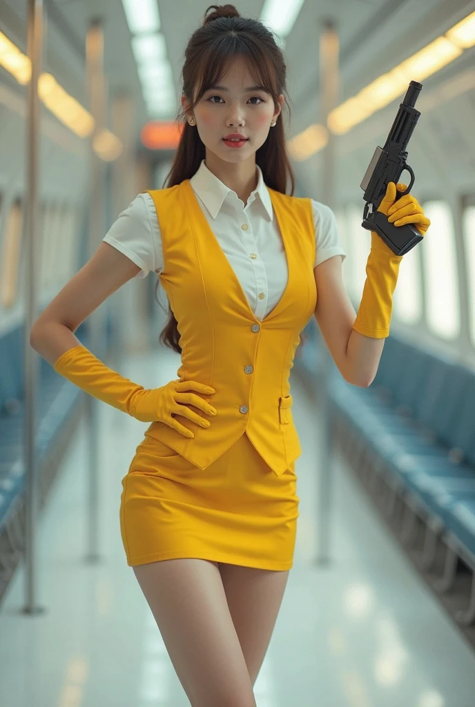 (((subway track maintenance worker costume))),(((reflective vest))),(((hard hat))),(((rubber boots))),(((kneeling))),(((bare inner thigh))),(((double-breasted,underbust:1.2))),(((safety cone and rammer))),ulzzang-6500-v1.1, (Raw photo:1.2), (Photo realistic:1.4), a beautiful detailed girl, extremely detailed eye and face, beautiful detailed eyes, ultra-detailed, High resolution, top-quality, masterpiece, highly detailed, 8k wallpaper, Wonderful, finely detail, top-quality, Light on the face,movie lighting,1girl in,(),Beautiful eyes,smile,Opening Mouth