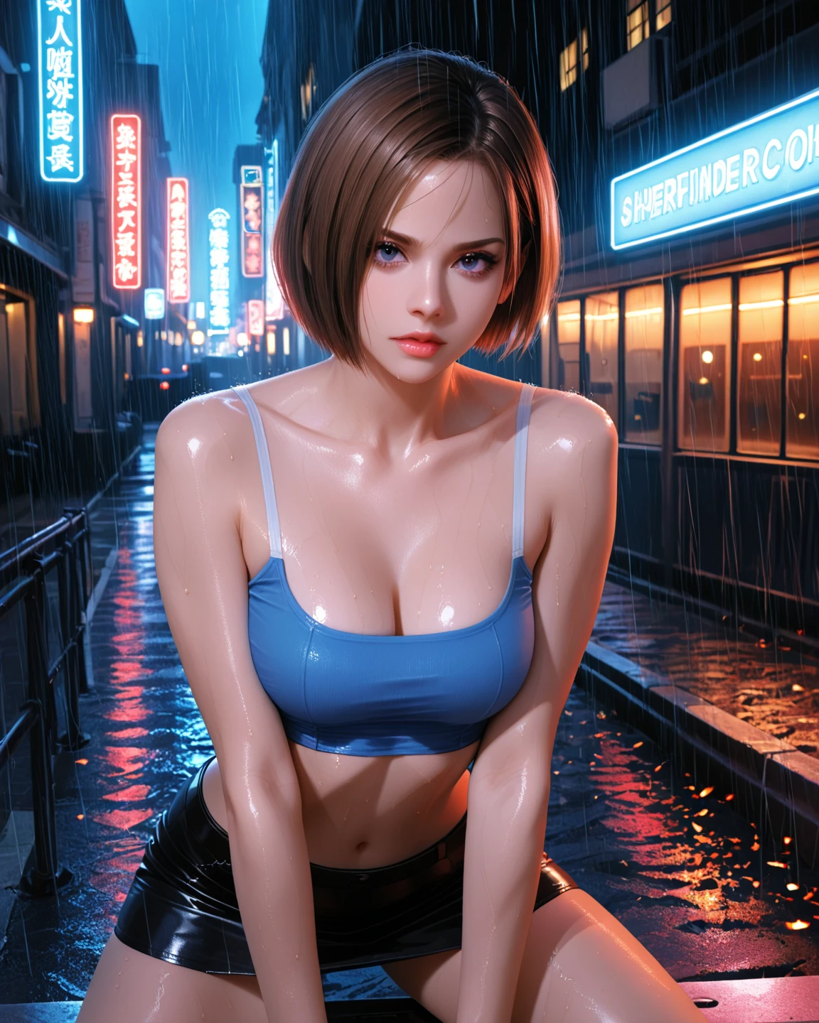 side angle photo of a gorgeous, 30 year old woman,  healthy skinny,short, clean skin texture, small, realistic skin texture, big lips, little noose, sexy (in white full body dress with cutouts and push up), (red hair with blue mops), blue hair mops, little boops, small boops, small tits,skinny, posing in the palace, smoky background, 1 / 2 body crop, 21 5 mm art lens, f 1. 1, sharp focus, 8 k high definition, insanely detailed, intricate, elegant, photorealistic, real life, big shoulder, little neck, long lash, full lips, big lower lip, pink lips, firm breast, firm pushup, push up, firm chest.
