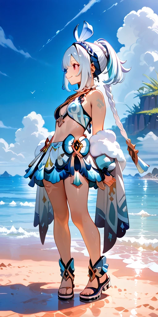 1girl, solo, cowboy shot, large breasts, thin waist, medium hips, abs, toned, expressionless, seductive smile, looking at viewer, Mualani, tanned skin, Genshin, Natlan, masterpiece, best quality, very aesthetic, absurdres, standing, centered