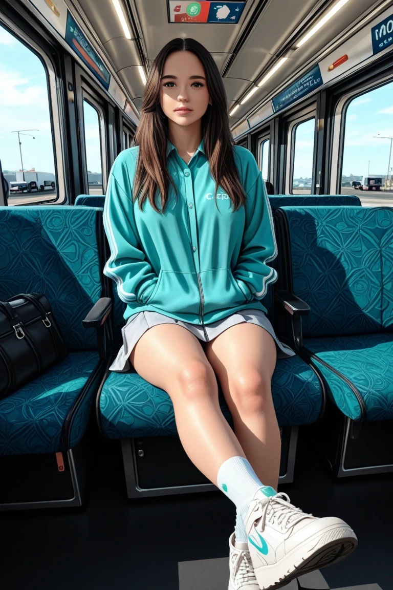 1 beautiful woman, large body, black hair, made-up face, green colette, ponytail, wavy tail, earrings, GRAY SWEATSHIRT, big nails, made-up eyelids, slippers, asleep lying on the bus, eyes closed, arms crossed, mouth open.