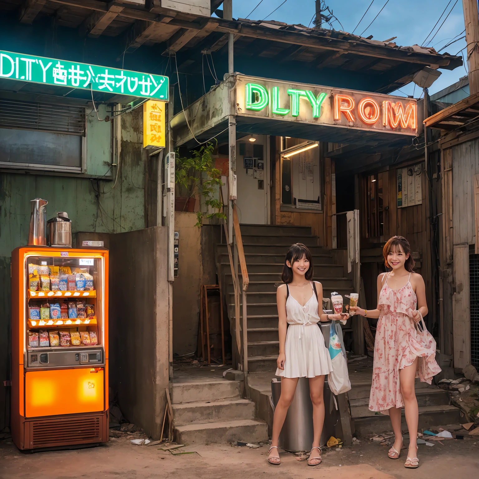 (masterpiece、Highest quality)、(Photorealistic photography)、1 picture、(Japan's dimly lit underground mall)、Japan favelas、13 years old、、Showa Retro、Detailed and cute face、((Poor conditions))、(Underground hot spring facilities)、shaved ice、Sale of drinks、Unsanitary and dim、(stage)、(Big bath)、Shady Red Light District、diet、(Many female junior high school students)、(Prostitute)、へにょへにょしたsmile、Happy schoolchildren、Perfect Anatomy、smile